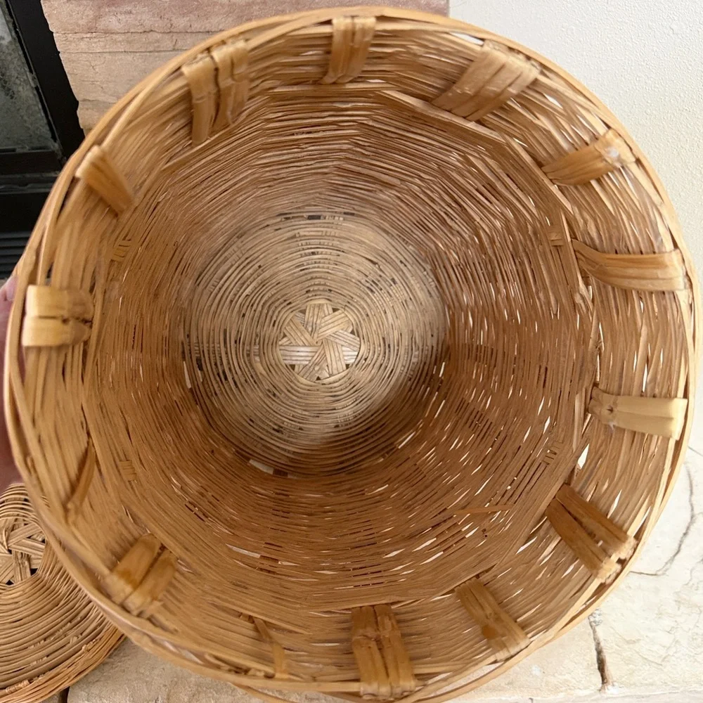 Vintage Wicker Storage Basket w/ Lid | Tall Boho Rattan Blanket Hamper